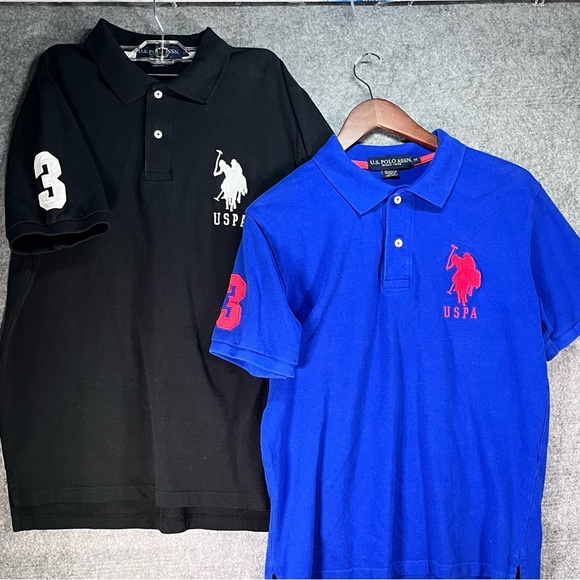 Two U.S. POLO ASSN. Embroidered Big Pony #3 Collard Shirt Men's Med Black& Blue - Picture 1 of 16